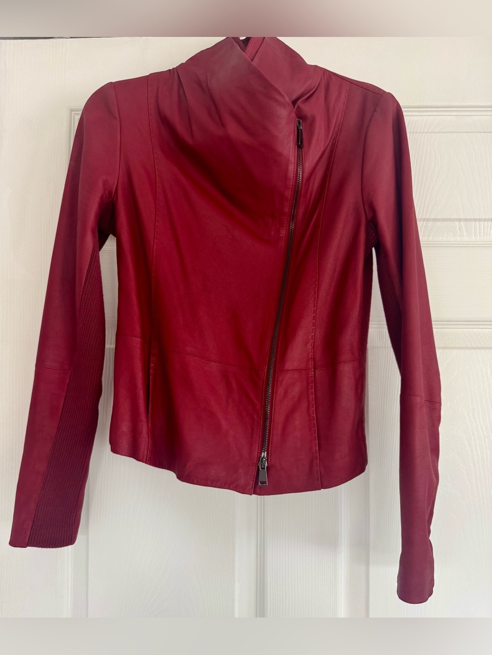 Vince XS Oxblood Goat Leather Moto Jacket Merino Wool Stretch Panels Burgundy